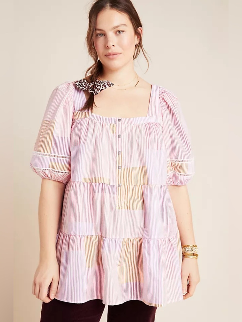 Anthropologie Maeve Gable Tiered Tunic Dress 1X Pink Orange Stripe